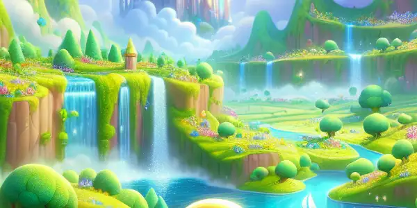 A magical landscape with colorful ponies enjoying a joyful adventure in a vibrant, whimsical setting.