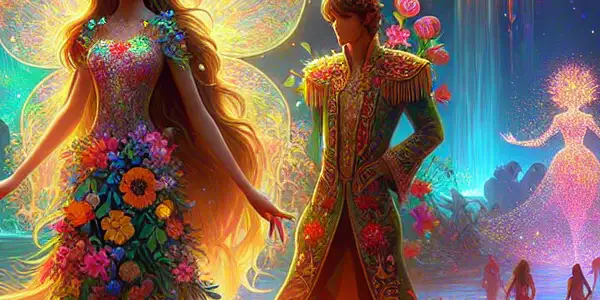 A brave flower fairy and a prince stand in a magical kingdom filled with vibrant flora and looming dark forces.