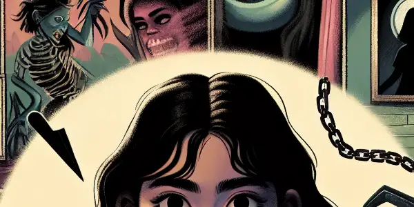 A young girl confidently embraces her unique power amidst a surreal, darkly whimsical landscape filled with shadows and twisted trees.