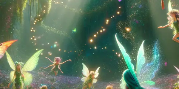 A vibrant magical forest filled with colorful fairies, whimsical flowers, and sparkling sunlight.
