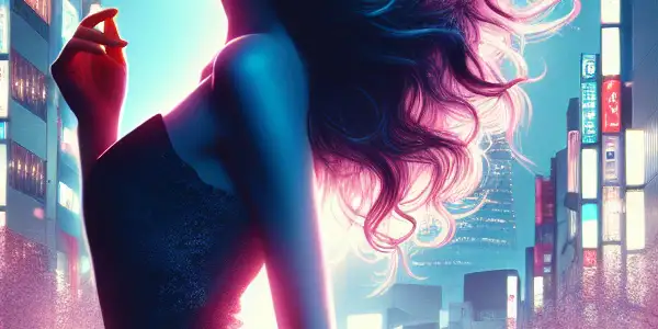 A confident woman in silhouette stands on a bustling Tokyo street at night, surrounded by neon lights and cherry blossoms.