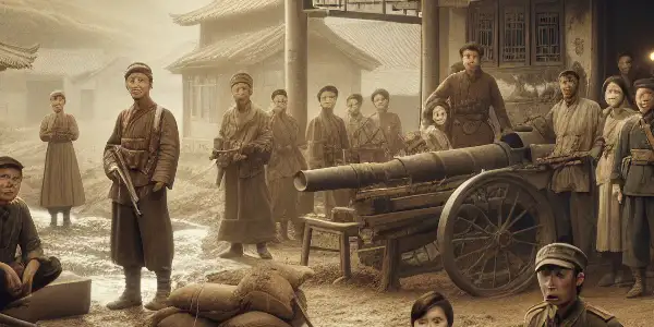 Villagers in 1940s attire prepare for resistance in a rural Hebei landscape during the Second Sino-Japanese War.