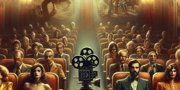 A lavish retro film set featuring dramatic actors in 1970s Italian fashion, embodying the essence of Tinto Brass's cinema.