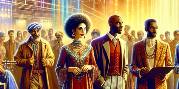 A vibrant film set in 2026 featuring diverse actors, high-tech equipment, and a confident leading actress.